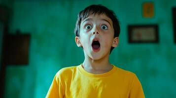 Child expresses surprise in a colorful room while wearing a yellow shirt during daylight photo