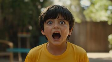Young boy expressing intense emotions while playing outdoors in bright summer sunshine photo