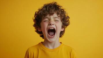 Child with curly hair expressing strong emotions against a bright yellow background during daytime photo