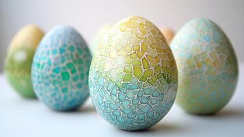 Colorful mosaic eggs arranged in a line showcasing intricate patterns and vibrant hues during a seasonal celebration photo