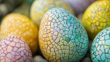 Colorful mosaic eggs displayed in a festive arrangement for spring celebration photo