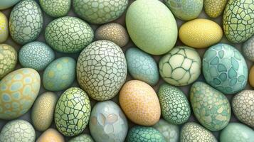 Colorful decorative eggs in various patterns and shades arranged closely on a surface for a festive display photo