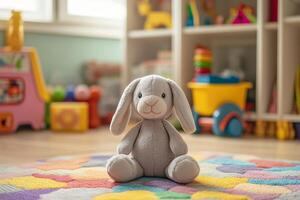 Soft gray bunny toy sitting on a colorful play mat in a bright children's room filled with toys and activity photo