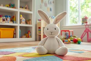 Soft white bunny toy sitting on colorful rug in bright playroom filled with children's toys and learning materials photo