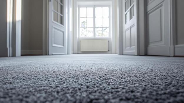 Bright hallway with soft carpet leading to a window in a modern home interior during daytime photo