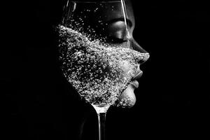 Bubbles and beauty blend in a striking black and white portrait of a woman's profile behind a wine glass photo