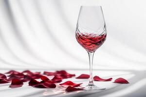 Elegant glass of red wine placed on a white draped surface beside rose petals in soft lighting photo