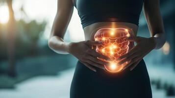 Woman holding her abdomen with illuminated digestive system visualization in a tranquil outdoor setting during dusk photo