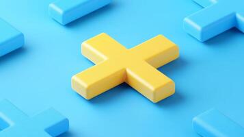 Yellow cross shape stands out among blue crosses on a solid blue backdrop in a minimalist design setting photo