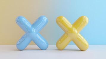 Colorful decorative crosses in blue and yellow against a pastel background create a playful atmosphere in a modern interior photo