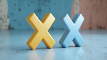 Colorful yellow and blue 3D crosses displayed on a textured surface in a bright, artistic setting photo