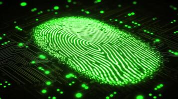 Digital fingerprint glowing on a circuit board pattern illustrating cybersecurity technology and biometric authentication concepts photo