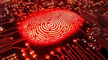 Digital fingerprint on a circuit board illuminated with red light showcasing unique patterns and electronic connections photo