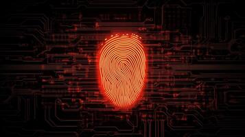 Digital fingerprint glowing against a backdrop of complex circuit patterns and technology elements at night photo