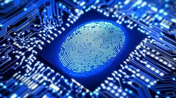 Intricate fingerprint pattern illuminated on a circuit board, symbolizing technology and security innovation photo