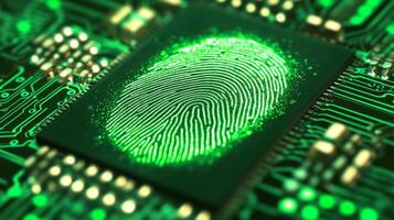 Digital fingerprint embedded in a computer chip circuit on a glowing green background showcasing technology and security measures photo