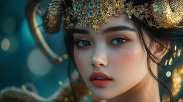 Captivating portrait of a woman with ornate headdress in a mystical setting during golden hour photo