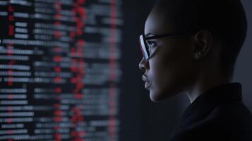 Young woman analyzing data on a large screen in a high-tech environment late at night photo