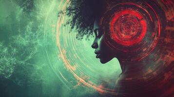 Girl with afro hairstyle in profile surrounded by abstract digital patterns and vibrant colors in futuristic design photo