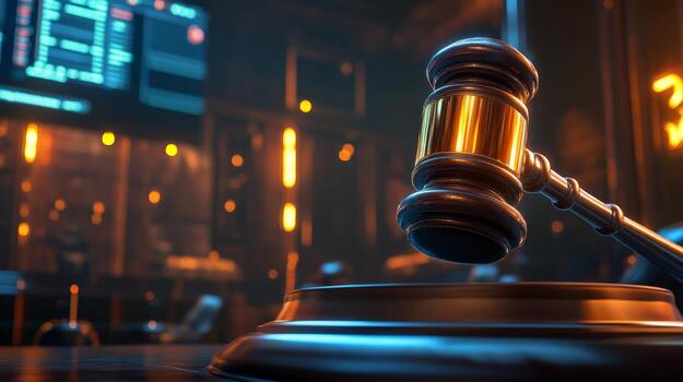 Gavel resting on a judge's bench in a modern courtroom during a legal proceeding with glowing screens in the background photo