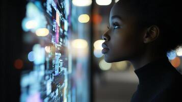 Young girl focuses intently on digital display in urban setting at night while exploring technology photo