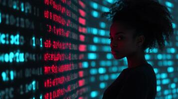 Young woman against a backdrop of digital code, showcasing technology and data analysis in a modern setting photo