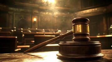 Courtroom gavel resting on wooden bench in historic legal setting with dramatic lighting photo