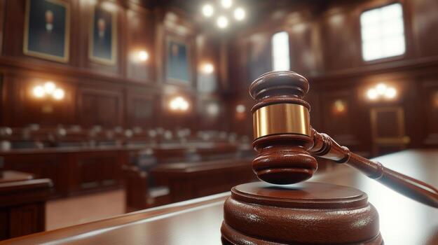 Courtroom setting with a gavel resting on a wooden block during a legal proceeding photo
