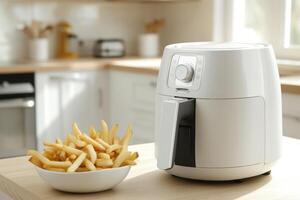 Cooking delicious golden french fries in a modern kitchen with an air fryer at midday photo