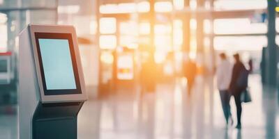 Kiosk in an airport terminal during the early morning rush as travelers move through the space photo