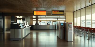 Calm airport terminal waiting area with check-in counters and electronic displays during the early morning hours photo