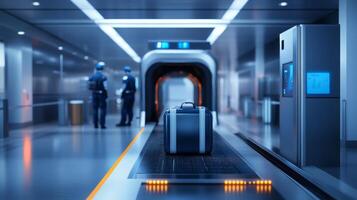 Security check at airport with luggage being scanned and officers monitoring the process photo
