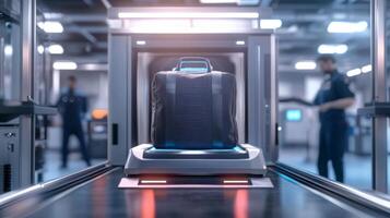 Security screening process for luggage at an airport during a busy travel day photo