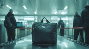 Black bag left on a moving walkway in a busy transit station filled with people in dark clothing photo