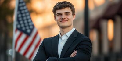 Man in suit stands confidently with arms crossed in front of American flag during sunset photo