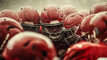 Athletes prepare for a challenging football game in the rain during a practice session on a late autumn afternoon photo