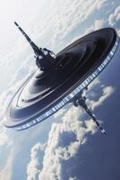 Advanced spacecraft hovers above clouds in distant future environment showcasing sleek design and technology photo