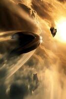 Spaceship traveling through clouds towards a bright celestial body in a distant galaxy during cosmic twilight photo