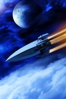 Rocket travels through space with bright flames against a distant planet and swirling clouds photo