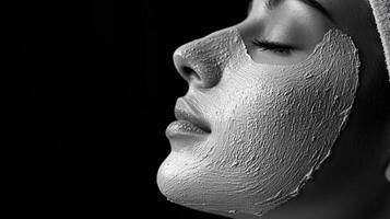 Woman enjoying a facial mask treatment in a serene black and white setting for relaxation and beauty care photo
