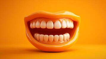 Smiling mouth with bright teeth against a vibrant orange background creating a cheerful atmosphere photo