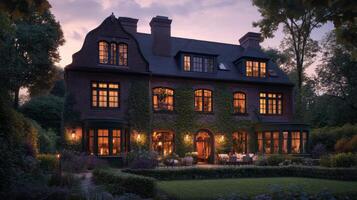 Elegant brick house with lush garden and warm evening glow in a tranquil neighborhood setting photo