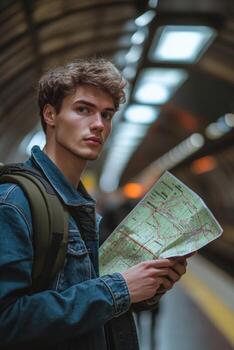 Young traveler examines a map in a subway station while exploring the city during the daytime photo