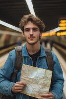 Young traveler exploring urban surroundings with a map in hand at a subway station photo