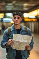 Young traveler studying a map in an underground transit station during daytime exploration photo