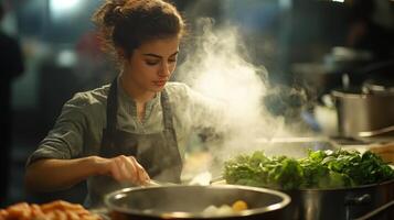 Young chef prepares fresh vegetables in a busy kitchen during a vibrant dinner service photo