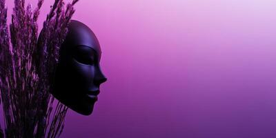 Black mannequin head against a purple background with dried flowers in a modern art display photo