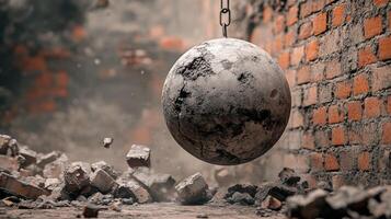 Heavy wrecking ball swinging in a construction site surrounded by debris and brick walls photo
