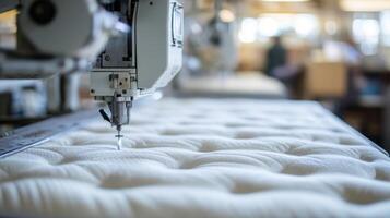 Industrial sewing machine stitching fabric in a textile factory during daylight hours photo