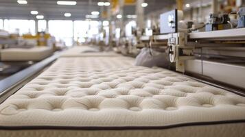 Manufacturing process of luxury mattresses in a spacious factory during the day with machines and workers involved photo